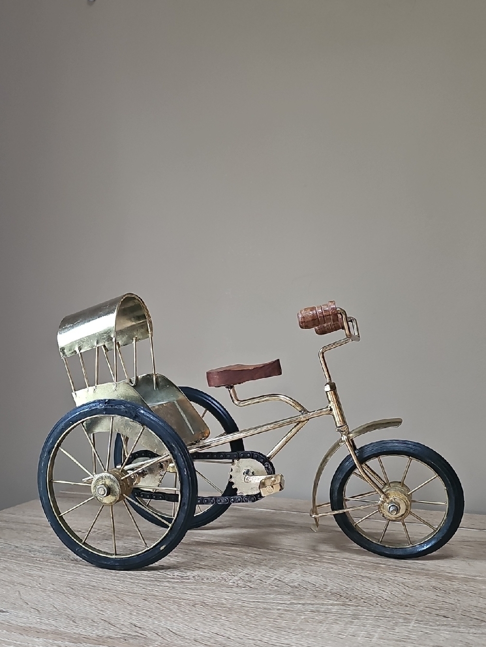Brass & Wood Decorative Metal Tricycle Rickshaw Accent Vintage